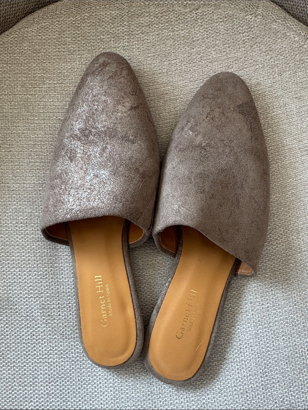 Garnet Hill Taupe Sparkly Suede Slip-On Mules